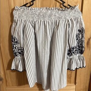 CHICOS Striped Off-Shoulder Top with Floral Embroidery